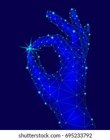 Sign Ok finger signal agreement. 3d low poly model of human hand connected dots point line. Neon green blue color. Precious star careful holding business concept vector illustration