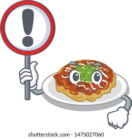 With sign okonomiyaki is cooked in cartoon pan