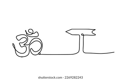 Sign of OM with arrow as line drawing on the white background. Vector. Vector