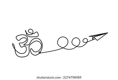 Sign of OM with paper plane as line drawing on the white background. Vector