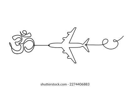 Sign of OM with plane as line drawing on the white background. Vector