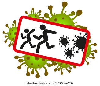 Sign on the background of coronavirus. People run away from the COVID-19. Escape from the global pandemic. EPS10 vector illustration