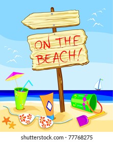 Sign "on the beach" on sea landscape, vector