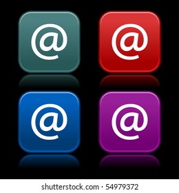 At sign on colored web 2.0 internet buttons. Satin rounded square shapes with reflection on black background