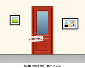 Sign On Door Coffee Time. Office Lobby With Red Door And Abstract Paintings. Red Office Door On Background Beige Wall. Vector Illustration In Flat Style. 