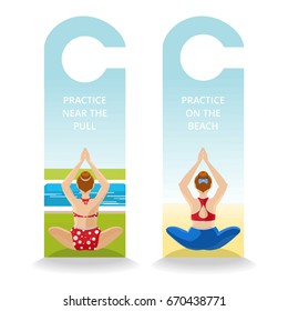 Sign on the door in hotel. Vector illustration of notification about yoga