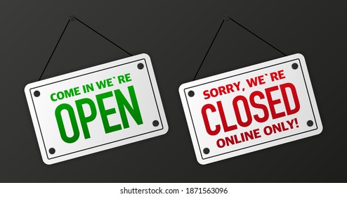 Sign on door store with come in we are open. Business open or closed black banner. Vector.