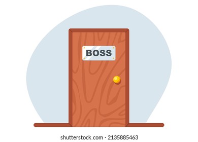 a sign on the door that says boss. the position is written on an iron tablet. flat vector illustration.