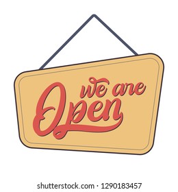 Sign on the door "We are Open". Vector.