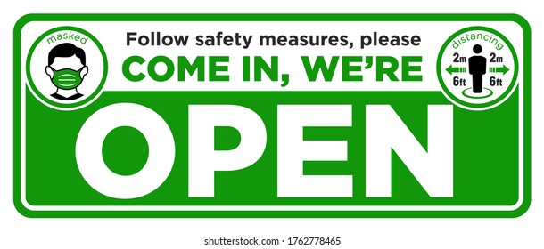 Sign on front door come in. We are open. Wear face mask and Keep social distance. Vector