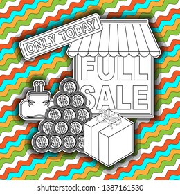 A sign on the full sale, surrounded by the symbols of trade - cash, wallet, gift and others. Monochrome image on a striped background. Vector illustration