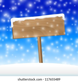 Sign on snow meadow with falling snow