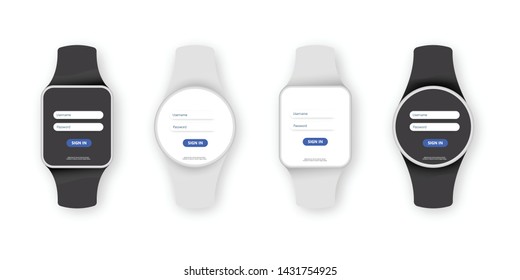 Sign up on watch screen in application with white and black interface on a realistic mockup watch. Vector illustration concept
