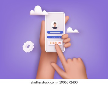 Sign in to online account on smartphone app. User interface. Secure login and password.  3D Vector Illustrations.