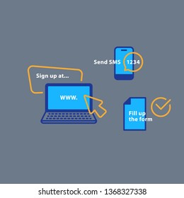 Sign up online services, phone message notification, receive authentication code, send sms, web site promotion, internet marketing, fill up form list, advertising concept, vector line icons