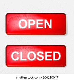 a sign of open and closed in red on a white background