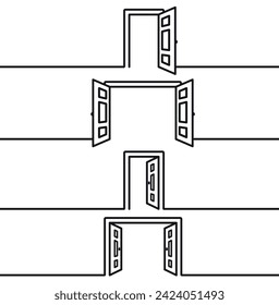 Señal de la puerta delantera abierta hacia fuera y hacia adentro. Entrada de símbolo a la habitación, diseño continuo de la línea de puerta.