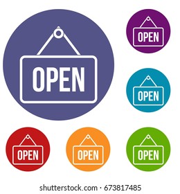 Sign open icons set in flat circle reb, blue and green color for web