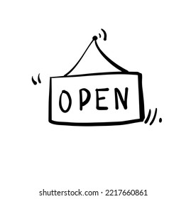 El cartel está abierto. Esbozo. Ilustración del doodle de vector dibujado a mano
