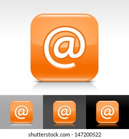 At sign orange glossy icon. Rounded square web internet button with white pictogram with shadow and reflection on white, gray, and black backgrounds. Vector illustration design element save in 8 eps
