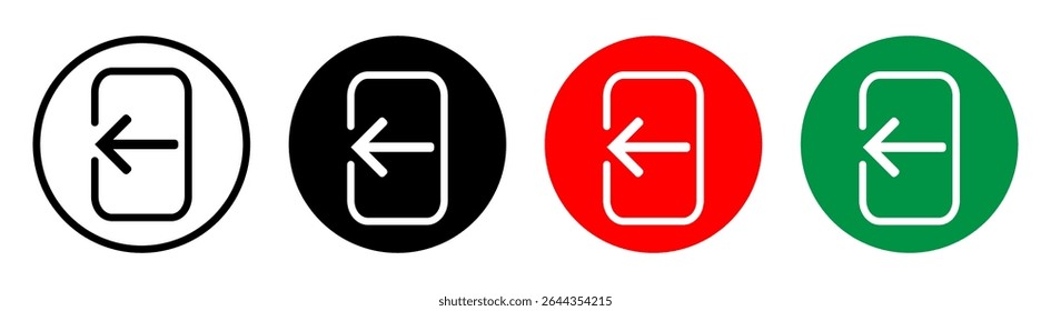 Botão Sair ou Ícone em linha, preenchimento nas cores preto, vermelho e verde. Ilustração vetorial do ícone Sair em multicores para uso na Web e design, EPS-10