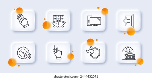 Abmelden, Cursor und 5g Internet Line Icons Pack. 3D-Glas-Buttone mit unscharfen Kreisen. Computer, Touchscreen-Geste, Versandsymbol im Web. Wasserdichtes Piktogramm für Autoversicherungen. Vektorgrafik