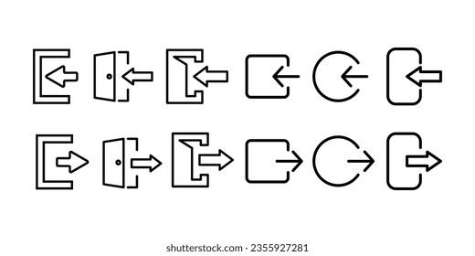 Sign in and out icon. Set of exit, login vector icons. Open and closed door symbol. Out and in arrows, isolated on white background.