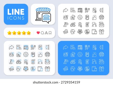 Sign out, Parking security and Discount offer line icons for web app. Message, Share, Like social media icons. Pack of Food market, Mail, Clean t-shirt pictogram icons. Vector