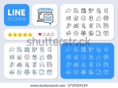 Sign out, Parking security and Discount offer line icons for web app. Message, Share, Like social media icons. Pack of Food market, Mail, Clean t-shirt pictogram icons. Vector