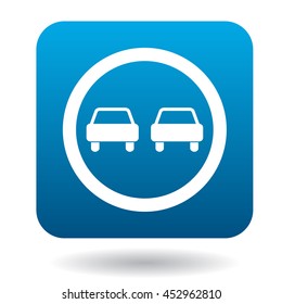 Sign overtaking icon in simple style in blue square. Rules of the road symbol