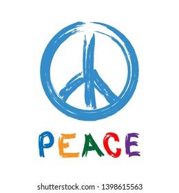 Sign of Pacific with text Peace drawn by hand. Watercolor brush, paint, graffiti. Colorful vector illustration.