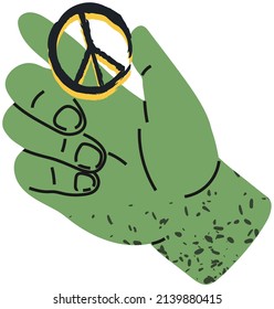 Sign pacifism, peace symbol, cross world in human hand. Pacific, international symbol of peace, disarmament, anti-war and anti-nuclear movement. Person holding icon, sign in hand vector illustration