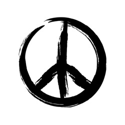 Знак пацифист, символ мира, нарисованный вручную кистью. Черный значок Хиппи на белом фоне. Изолирован.