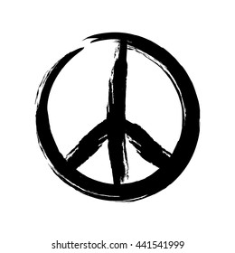 Sign pacifist, peace symbol, drawn by hand with a brush. Black Hippie sign on a white background. Isolated.