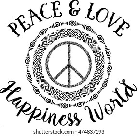 Sign pacifist, peace symbol, drawn by hand with a brush. Black Hippie sign on a white background. Isolated. Blackwork,dotwork Hipster Boho style tattoo. Peace and love.Happiness World lettering