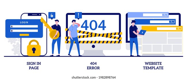 Sign in page, 404 error, website template concept with tiny people. Website page interface vector illustration set. User login form, UI, new account registration, landing page, web design metaphor.