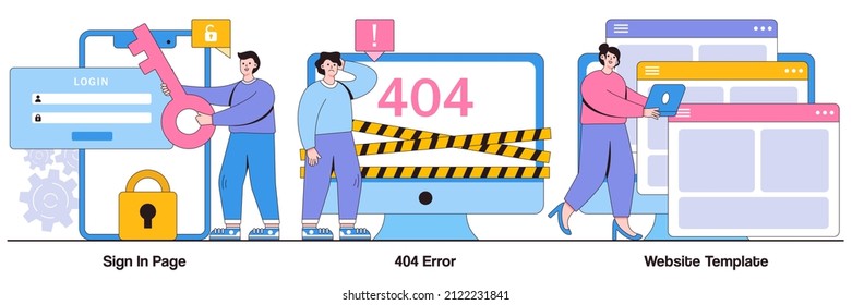Sign in page, 404 error, website template concept with people character. Website page interface vector illustration set. User login form, UI, new account registration, landing page, web design.