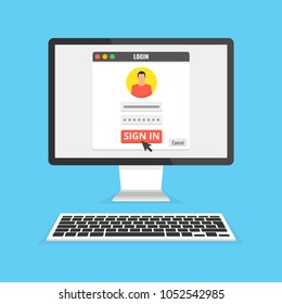 Sign in page on computer display screen. Male avatar. Flat cartoon style. Vector illustration.