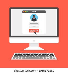 Sign in page on computer display screen. Male avatar. Flat cartoon style. Vector illustration.