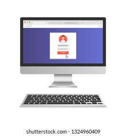 Sign in page on computer display screen. Male avatar. Vector illustration.