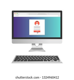 Sign in page on computer display screen. Male avatar. Vector illustration.