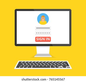 Sign in page on computer display screen. Female avatar. Flat cartoon style. Vector illustration.