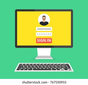 Sign in page on computer display screen. Male avatar. Flat cartoon style. Vector illustration.
