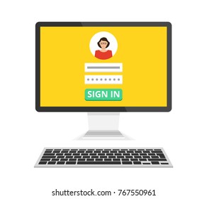 Sign in page on computer display screen. Female avatar. Flat cartoon style. Vector illustration.