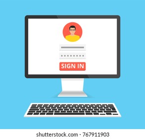 Sign in page on computer display screen. Male avatar. Flat cartoon style. Vector illustration.