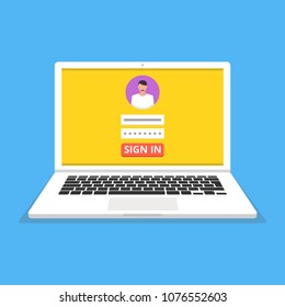 Sign in page on laptop screen. Male avatar. Vector illustration.