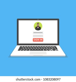 Sign in page on laptop screen. Male avatar. Vector illustration.