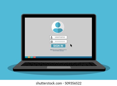 Sign in page on laptop screen.  Vector flat illustration.