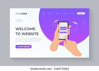 Sign in page on smartphone screen for landing page. website banner design.