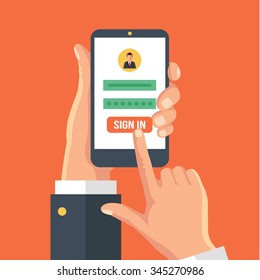 Sign in page on smartphone screen. Vector flat illustration